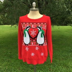 Adorable Winter Christmas Sweater Penguins Red XL